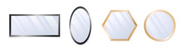 Lüks aynalar ayarlandı. Web sitesi için grafik elementlerin toplanması. Dairenin iç dekorasyonu. Farklı geometrik şekiller. Beyaz arkaplanda izole edilmiş çizgi film düz vektör çizimleri