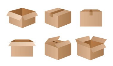 Bir kutu seti. Toplama koleksiyonu, sosyal ağlar için çıkartmalar. Mal ya da ürün taşımacılığı, depo ve online alışveriş. Beyaz arkaplanda izole edilmiş karikatür izometrik vektör çizimleri