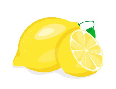 Yarı limon ikonu. Doğal ve organik, taze narenciye ürünleri. Market sitesi için tam ve yarım meyve, sosyal medya etiketi ve ikonu. C vitamini ve sağlıklı beslenme. Çizgi film düz vektör çizimi