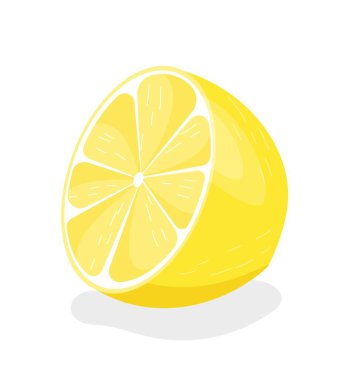 Yarı limon ikonu. Doğal ve organik, taze narenciye ürünleri. Vejetaryenlik, sağlıklı beslenme, C vitamini ve asitle dengeli beslenme. Yaz zamanı sembolü. Çizgi film düz vektör çizimi