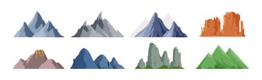 Set of mountains. Collection of colorful hills of various shapes. Graphic elements to create landscape, nature in different countries. Cartoon flat vector illustrations isolated on white background