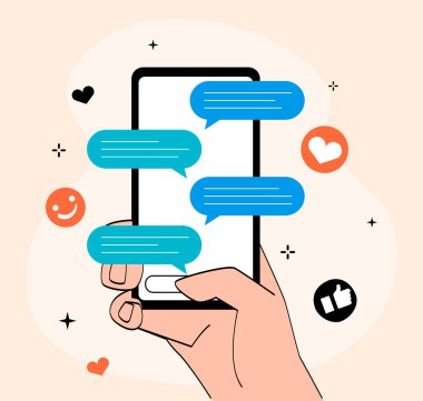Chats and remote communication. Person holds smartphone in hand and sends message. Emoticons and stickers with heart. Social media dialogue with speech bubbles. Cartoon flat vector illustration.