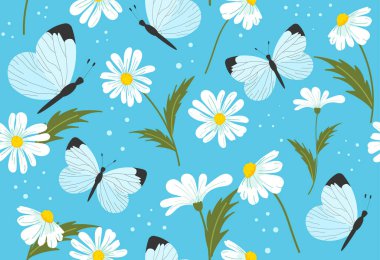 Papatya çiçekleri ve kelebekli kusursuz desen. Sarı papatyalı yaz şablonu ve mavi arka planda böcekler. Duvar kağıdı ve kumaş üzerine baskı için tasarım elemanı. Çizgi film düz vektör çizimi.