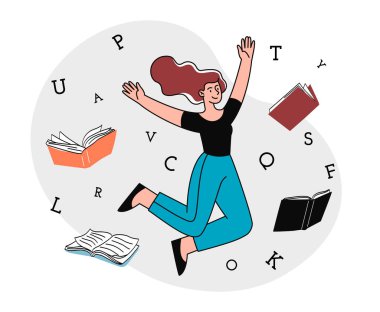 Açık fikirli ve yaratıcı düşünceli. Kitaplar, edebiyat ve mektuplarla çevrili genç bir kadın havada süzülüyor. Eğitim ya da eğitim. Karakter okur ve bilgi kazanır. Çizgi film düz vektör çizimi