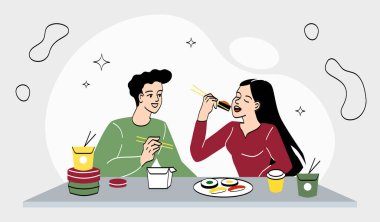 Çıkma ve iyi vakit geçirme kavramı. Erkek ve kız Japon mutfağında rulo yiyorlar. İlişkileri olan bir çift kafede dinleniyor. İki mutlu insan birlikte. Çizgi film düz vektör çizimi.