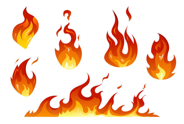 Set of icons with different fire. Hot dangerous flame stickers. Bonfire, burning or ignition. Design element for posters, warning banners. Cartoon flat vector collection isolated on white background