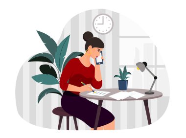 Creative work of a journalist or copywriter. Girl in office with phone and pen in hand writes on sheet. Correspondent thinking about creating news article for journal. Cartoon flat vector illustration