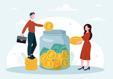 Tasarruf kavramı. Kadın ve erkek kavanoza altın sikke koydular. Gelir veya ücret yatırımları doğru. Aile bütçesi, finansal okuryazarlık, bağış toplama, mevduat. Çizgi film düz vektör çizimi.