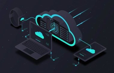 Bulut depolama kavramı. Elektronik depolama ve arşiv. İnternet ve modern teknolojiler. Çevrimiçi bilgi ve dosyalar korunuyor. Senkronizasyon cihazları. Karikatür izometrik vektör çizimi