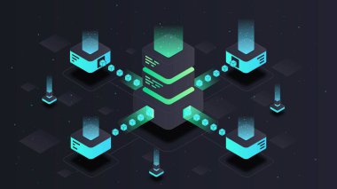 Veri aktarım sunucusu. Elektronik arşiv ve depolama, internetteki dosya paylaşımı. Modern teknolojiler ve dijital dünya, yenilikler. Web sitesi afişi ya da afişi. Karikatür izometrik vektör çizimi