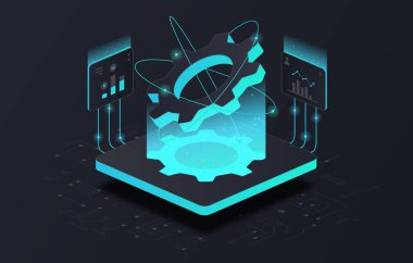 Digital technologies concept. Electronic archive or storage, information on Internet, online. Innovation and development. Monitoring and testing of process. Cartoon isometric vector illustration