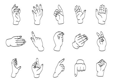 Set of hands. Collection of minimalistic icons for website. Gestures and emotions, expression. Stickers for social networks with palms. Cartoon flat vector illustrations isolated on white background