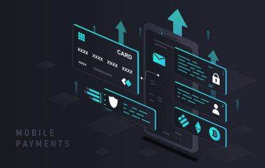 Mobil ödemeler konsepti. İnternetten alışveriş, online alışveriş. Banka işlemleri, nakit para transferleri ve işlemler. Elektronik cüzdan posteri ya da afişi. Karikatür izometrik vektör çizimi