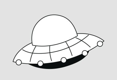 Soyut UFO karalaması. Sosyal ağlar için etiket, web sitesi için grafik ögesi. Dünya dışı yaşam, uzaylı uzay aracı. Galaksi ve evren. Çocuklar için rozet. Çizgi film düz vektör çizimi