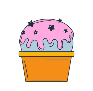 Dondurma ikonu. Sosyal ağlar için etiket, web sitesi için grafik öğeler. Jöleli dondurma ve waffle fincanı. Yaz mevsimi, tatil ve tropik ülkelerde tatil. Çizgi film düz vektör çizimi