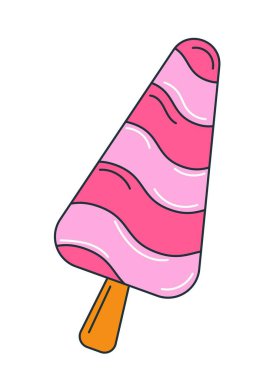 Dondurma ikonu. Sosyal ağlar için etiket. Çubukta pembe dondurma. Yaz zamanı, sahilde tatil. Lezzet, gurme ve tatlı. Web sitesi için grafik ögesi. Çizgi film düz vektör çizimi
