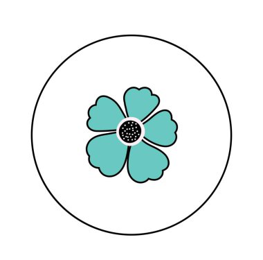 Şirin bir çiçek ikonu. Web sitesi için sosyal ağlar grafik ögesi etiketi. Çiçek ve botanik, çiçek ve taç yaprağı. Doğa, bitki. Not defterleri ve okul çantaları için etiket. Çizgi film düz vektör çizimi