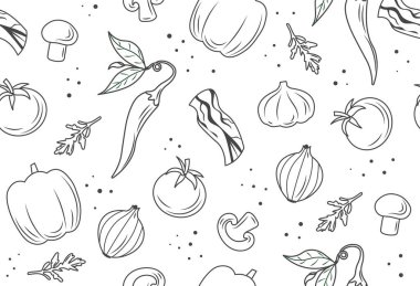 Pizzanın içeriği kusursuz. Masa örtüsüne yazdırmak için tasarım ögesi tekrarlanıyor. Minimalist tarzda siyah beyaz sebzeler. Web sitesi afişi ya da afişi. Çizgi film düz vektör çizimi