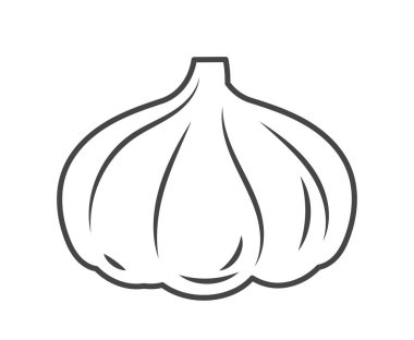 Sarımsak minimalist ikonu. Sosyal ağlar için etiket, web sitesi için grafik ögesi. Pizza ve sebze karışımı. Sağlıklı beslenme ve düzgün beslenme, vejetaryenlik. Çizgi film düz vektör çizimi