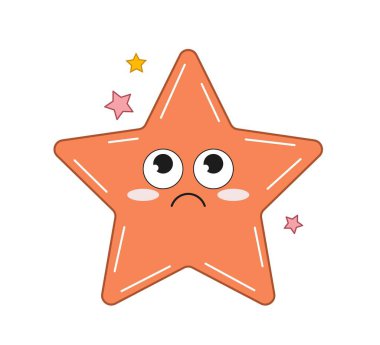 Turuncu üzgün yıldız. Sosyal ağ için etiket, web sitesi için grafik ögesi. Duygular, duygular ve tepkiler. Çocuklar için sırt çantalarında rozet, sevimli bir karakter. Çizgi film düz vektör çizimi