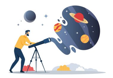 Astronomi kavramı. Teleskoplu bir adam galaksi ve evren üzerinde çalışıyor, farklı gezegenlere bakıyor. Bilimsel araştırma, astroloji. Web sitesi afişi ya da afişi. Çizgi film düz vektör çizimi