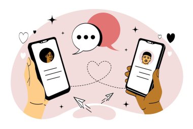 Dating app concept. Man and woman communicate in social networks. Modern technologies and digital world. Online messengers and meetings. Love, care and romance. Cartoon flat vector illustration