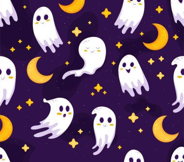 Kusursuz hayalet deseni. Hediye ambalajında yazdırmak için tasarım ögesi tekrarlanıyor. Cadılar Bayramı, uluslararası sonbahar korku ve dehşet bayramı. Mistisizm ve fantezi. Çizgi film düz vektör çizimi