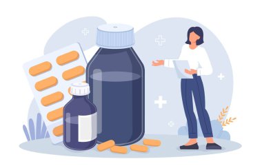 Woman with medicines. Young girl with prescription in her hands evaluates pills. Pharmaceuticals and medicine. Doctor or patient with drugs. Healthcare concept. Cartoon flat vector illustration