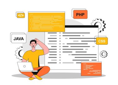 Programcı çalışıyor. Dizüstü bilgisayarı olan bir adam kod yazıyor, bilişim uzmanı. Modern teknolojiler ve dijital dünya. Programların, yazılımın ve uygulamaların geliştirilmesi. Çizgi film düz vektör çizimi