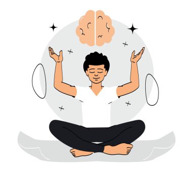 Stres konseptini serbest bırakıyorum. Adam nilüfer çiçeğine oturur ve meditasyon yapar. Bilinçli ve bilinçaltı, iç huzur ve güven. Dinlen ve rahatla. Konsantrasyon ve dikkat. Çizgi film düz vektör çizimi