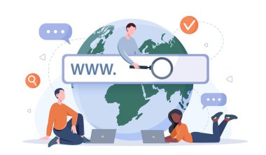 Web search concept. Man and women near search bar. Internet, modern technologies and digital world. Stylish browser design. Program, application and software. Cartoon flat vector illustration