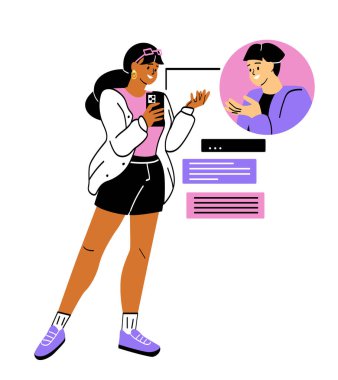 İnternette sohbet konsepti. Kız arkadaş ya da erkek arkadaşıyla sosyal ağlar ya da internet üzerinden iletişim kuruyor. Uzak randevuda bir çift. Diyalog ya da sohbet. Çizgi film düz vektör çizimi