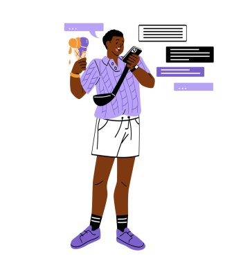 İnternette sohbet ediyoruz. Dondurmalı ve akıllı telefonlu bir adam mesaj alır ve şaşırır. Karakter sosyal ağlarda arkadaşlarıyla iletişim kurar. Çizgi film düz vektör çizimi