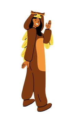 Kigurumi 'deki kişi. Tulum giymiş, hayvan kılığında bir karakter. Rahat pijamalı, gülümseyen genç kız. Kanatlı ve kapüşonlu kuş ya da baykuş kostümü. Çizgi film düz vektör çizimi