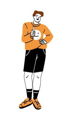 Parmakla smth 'i işaret eden kişi. Genç pozitif adam iyi niyet göstergesi gösteriyor. Erkek karakter ya da girişimci sunum ve reklam ürünü yukarıdan. Çizgi film düz vektör çizimi