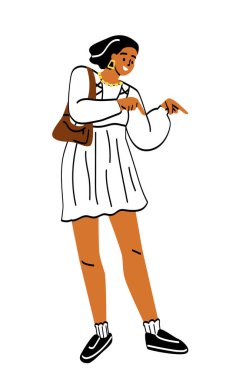 Parmakla smth 'i işaret eden kişi. Güzel elbiseli kız el hareketleriyle kendini gösteriyor. Ürün sunumu. Reklam ve pazarlama için tasarım elemanı. Çizgi film düz vektör çizimi