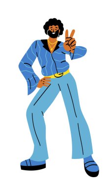 Person from 80s. Happy funny man in retro outfit showing peace gesture. Stylish guy dancing at disco party in vintage suit. Character from eighties. Cartoon flat vector illustration in doodle style