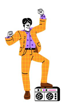 80 'lerden biri. Turuncu retro takım elbiseli mutlu adam mı yoksa müzik setinin yanında dans eden kıyafet mi? 80 'lerin stil partisi ve klasik disko müziği. Eski moda. Çizgi film düz vektör çizimi