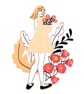 Uluslararası Kadınlar Günü konsepti. Güzel, genç bir kız elinde bir buket güzel kır çiçeği tutuyor. Çiçek açan bitkilerle çevrili dişi karakter. Çizgi film düz vektör çizimi