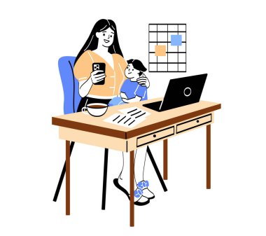 Evde çalışıyorum. Genç anne uzaktan kumandalı çalışan ya da dizüstü bilgisayarda çalışan ve yeni doğmuş bebeğiyle oynayan girişimci. Programı esnek bir serbest çalışan. Çizgi film düz vektör çizimi