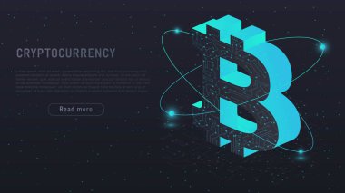 Mining Bitcoin farm. Cryptocurrency, bitcoin, poster or banner. Modern technologies, digital world, blockchain. Earning on Internet, passive income and investing. Cartoon isometric vector illustration