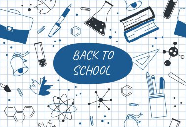 Back to school. International autumn holidays, knowledge day, education. Pen, bell and flask with liquid on checkered background. Poster or banner for website. Cartoon flat vector illustration