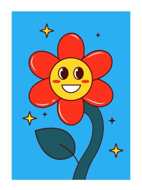 Retro funny flower. Cover, poster or banner for website in old style. Emotions, emoji, reaction. Flora and nature, red comic plant. Cute and adorable character. Cartoon flat vector illustration