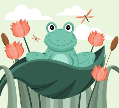 Cute frog concept. Charming character for children, animal sits on water lily in swamp. Flora and fauna, nature and world around. Poster or banner for website. Cartoon flat vector illustration