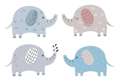 Set of elephants. Collection of stickers for social networks. Fauna, tropical animals, wild life and Africa. Toy or mascot for kids. Cartoon flat vector illustrations isolated on white background