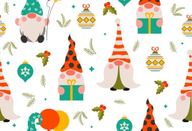 Gnome seamless pattern. Repeating design element for printing on wrapping paper. New Year and Christmas, characters with gifts. Branches and Christmas tree ball. Cartoon flat vector illustration