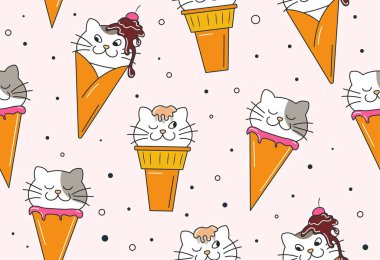 Ice cream seamless pattern. Repeating design element for printing on fabric. Cats in waffle cone. Stickers for kids, adorable characters. Cute animals and pets. Cartoon flat vector illustration