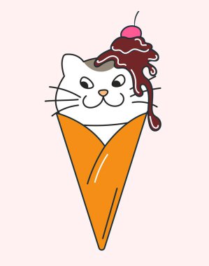 Ice cream cat. Cute pet in waffle cone with chocolate icing. Stickers for social media, graphic element for printing on clothes. Toy and mascot animal for kids. Cartoon flat vector illustration