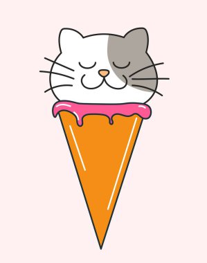 Ice cream cat. Cute pet in waffle cone. Advertising poster for website selling ice cream and sweets. Summertime, dessert and delicacy. Toy or mascot, animal. Cartoon flat vector illustration