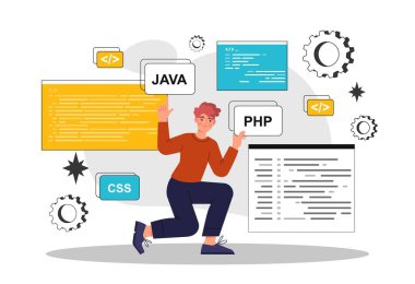 Programmer and coding languages. Flat cartoon vector illustration